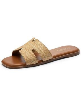 Women Brown Raffia Dressy Flat Sandals Comfortable Slip On Leather Slide Sandals